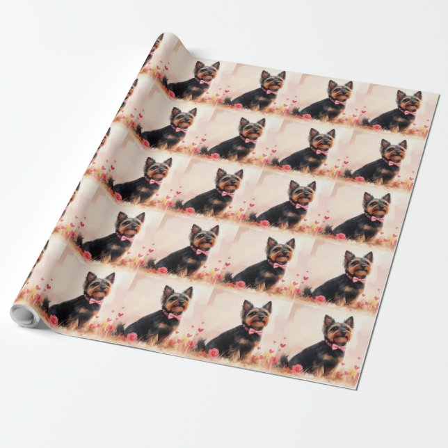 Papel De Presente Australian Terrier com Rosas - Dia dos Namorados (Desenrolado)