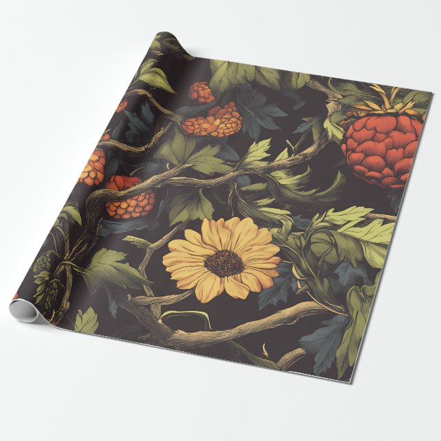 Papel De Presente Autumn Fire Botanical Floral Wrapping Paper (Desenrolado)