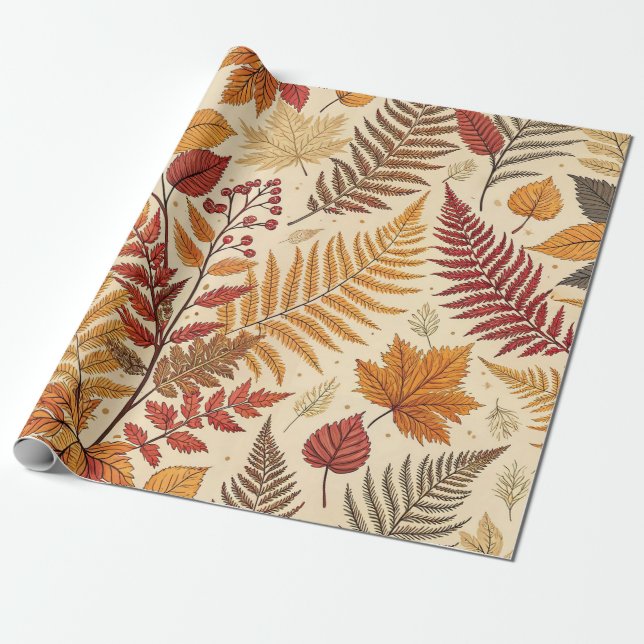 Papel De Presente Autumn Foliage e Berries - Tons Terrestres Quentes (Desenrolado)