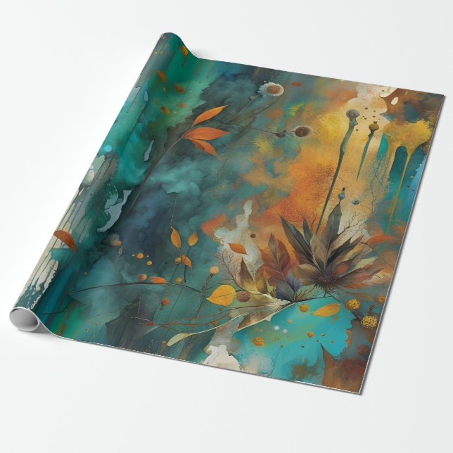 Papel De Presente Autumn Harvest Teal Rust Abstrato Dourado (Desenrolado)