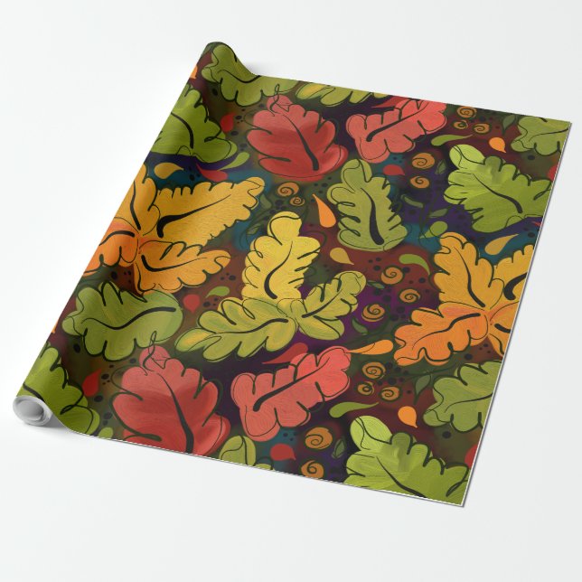 Papel De Presente Autumn Leaves e Berries Brown Dourado Verde (Desenrolado)