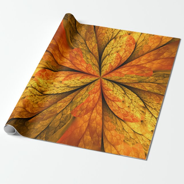 Papel De Presente Autumn Plant, Modern Abstrato Fractal Art Leaf (Desenrolado)