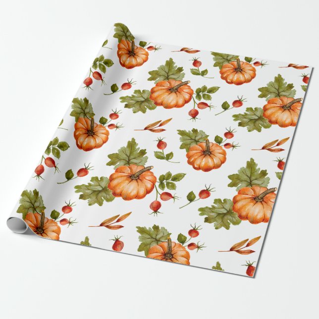 Papel De Presente Autumn Pumpkins, Red Berries e Folhas (Desenrolado)