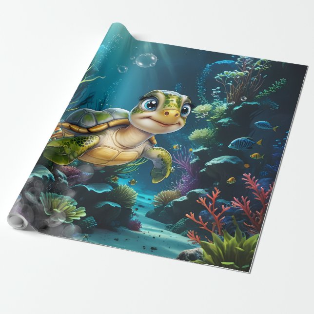 Papel De Presente Aventuras submarinas com a tartaruga alegre. (Desenrolado)