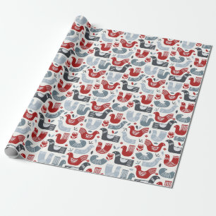 Papel De Presente Aves Azuis E Flores Nórdicas