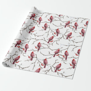 Papel De Presente Aves Cardinais, Cerejas de inverno e Padrão de Nev
