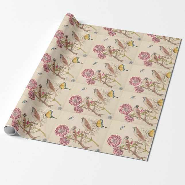 Papel De Presente Aves castanhas com cravos e borboletas (Desenrolado)