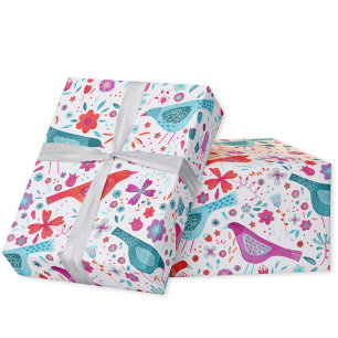 Papel De Presente Aves Coloridas Boho Natureza Molhação De Arte Por