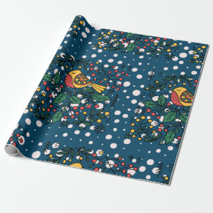 Papel De Presente Aves Coloridas Com Padrão Floral De Vintagem Azul