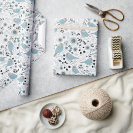 Papel De Presente Aves de frango Cinza azul-esbranquiçada Flores de