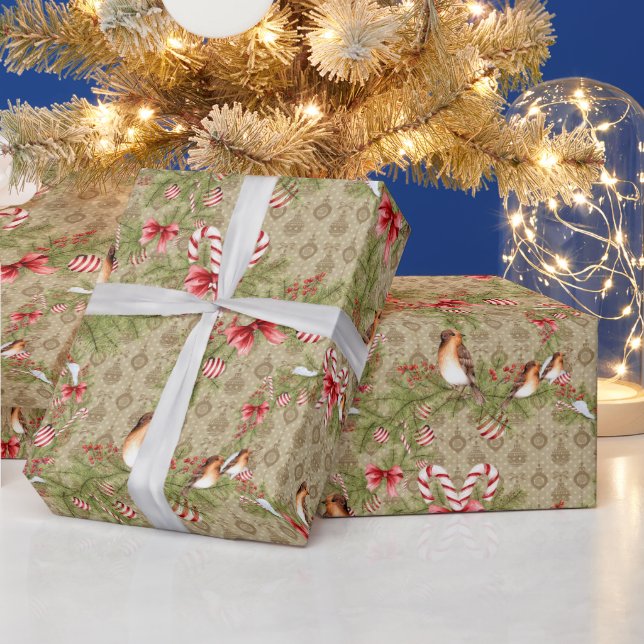 Papel De Presente Aves de Natal e Pinheiros Boughs e Canes Doces (Feriados)