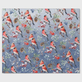 Papel De Presente Aves de Natal Red Bullfinch Berries & Pine Cones