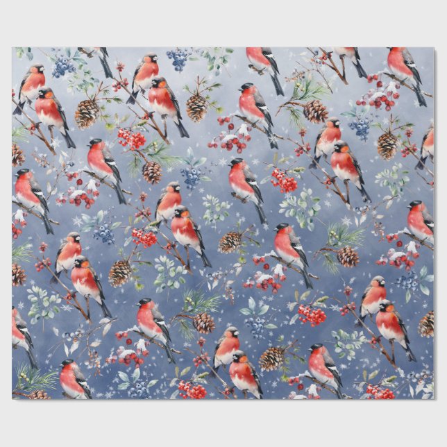 Papel De Presente Aves de Natal Red Bullfinch Berries & Pine Cones (Aberto)