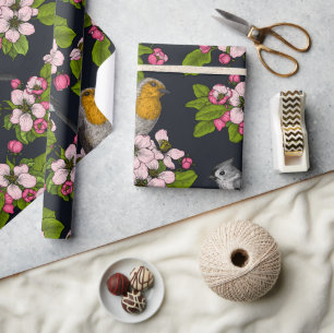 Papel De Presente Aves e Blossomas em preto