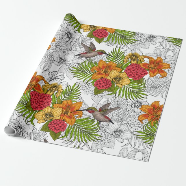 Papel De Presente Aves e buquês tropicais (Desenrolado)