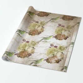 Papel De Presente Aves e Rosas Verdes Vintage