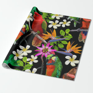 Papel De Presente aves exóticas e flores lindas