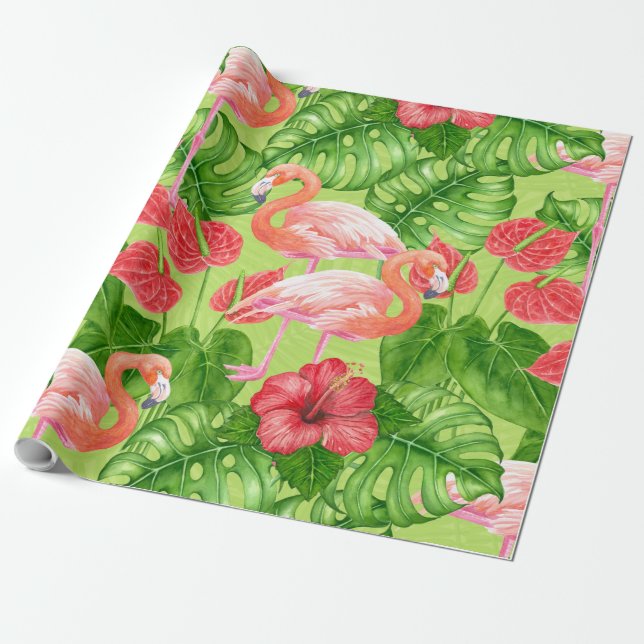 Papel De Presente Aves Flamingo e plantas tropicais (Desenrolado)