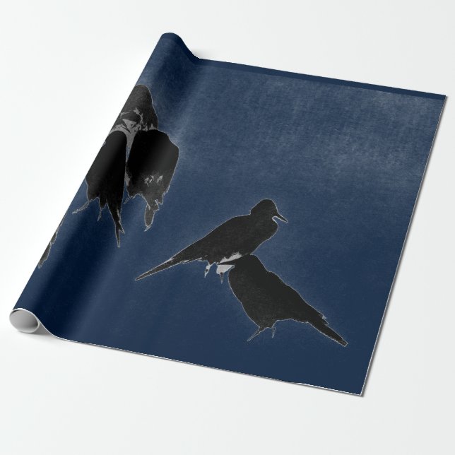 PAPEL DE PRESENTE AVES NEGRAS EM PINCO AZUL DE JAPONÊS (Desenrolado)
