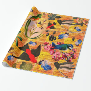 Papel De Presente AVES primavera, PENAS, FRUTAS, Notas de Música Am