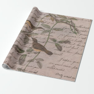 Papel De Presente Aves Vintage em Ramais com Escrevendo