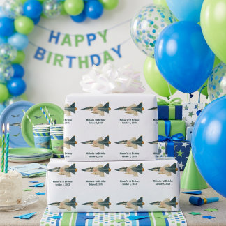 Papel De Presente Avião de Caça Camuflado Menino 1º Aniversário