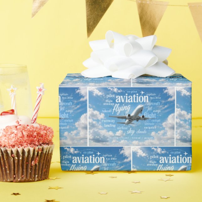 Papel De Presente Avião Voando em uma Nuvem de Palavras (Festa de aniversário)