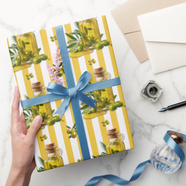 Papel De Presente Azeite com Faixa Amarela no Estilo Mediterrâneo (Presentear)