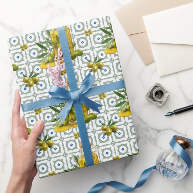 Papel De Presente Azeite de Oliva Padrão Mediterrâneo (Presentear)