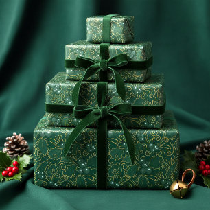 Papel De Presente Azevinho com Filigrana em Verde Escuro e Dourado I