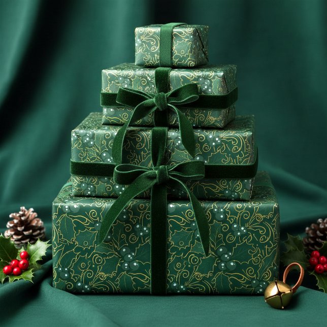 Papel De Presente Azevinho com Filigrana em Verde Escuro e Dourado I (Criador carregado)