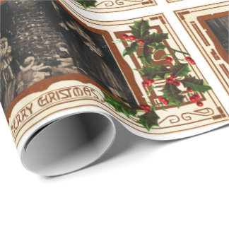Papel De Presente Azevinho da família do vintage do Natal do