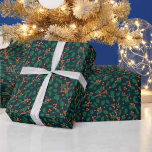 Papel De Presente Azevinho de Natal Botânica Verde Naval