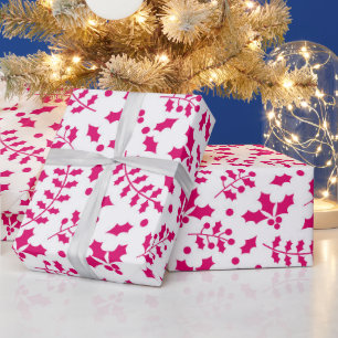 Papel De Presente Azevinho de Natal de Inverno Quente Branco e Rosa