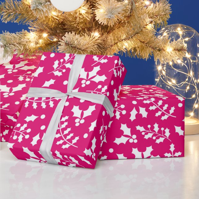 Papel De Presente Azevinho de Natal de Inverno Rosa Quente (Feriados)