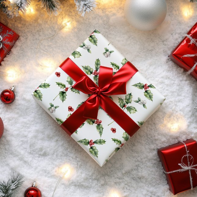 Papel De Presente Azevinho de Natal e Visco (Holly Christmas Wrapping Paper)