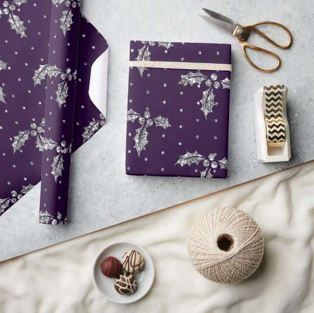 Papel De Presente Azevinho de Natal Elegante com Purpura e Brilho Pr (Artesanato)