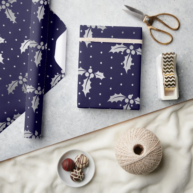 Papel De Presente Azevinho de Natal Elegante em Azul e Prata (Artesanato)