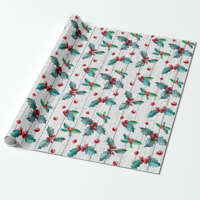 Papel De Presente Azevinho de Natal Rústico em Madeira de Celeiro Br (Desenrolado)