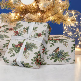 Papel De Presente Azevinho de Natal Tradicional e Frutas de Inverno