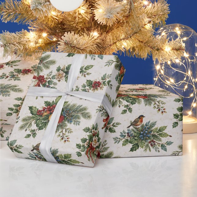 Papel De Presente Azevinho de Natal Tradicional e Frutas de Inverno (Feriados)