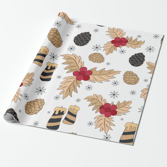 Papel De Presente Azevinho, Velas e Pinhas de Natal (Desenrolado)