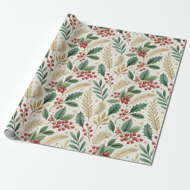 Papel De Presente Azevinho Vermelho Verde e Dourado Clássico Alegre  (Desenrolado)