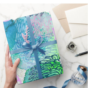 Papel De Presente Azul-abstrato, floral, floral, de aquarelas