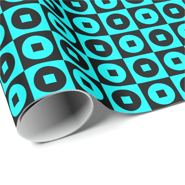 Papel De Presente Azul Água e Círculo Quadrado Preto (Ponta do rolo)