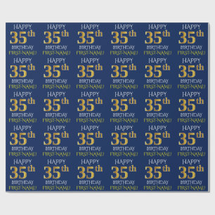 Papel De Presente Azul, ANIVERSÁRIO FELIZ Dourado do falso "35o "