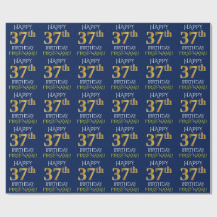 Papel De Presente Azul, ANIVERSÁRIO FELIZ Dourado do falso "37th "