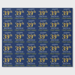 Papel De Presente Azul, ANIVERSÁRIO FELIZ Dourado do falso "39th "