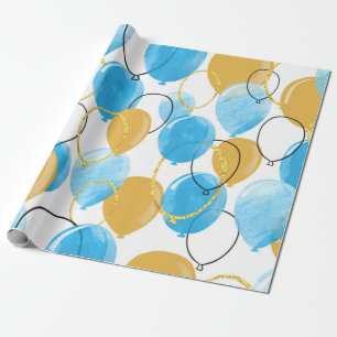 Papel De Presente Azul-aquarela e balões de ouro com brilho