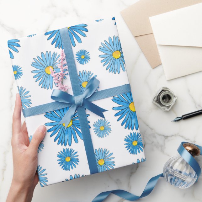 Papel De Presente Azul Aquarela e Caneta Asters Garland Padrão (Presentear)